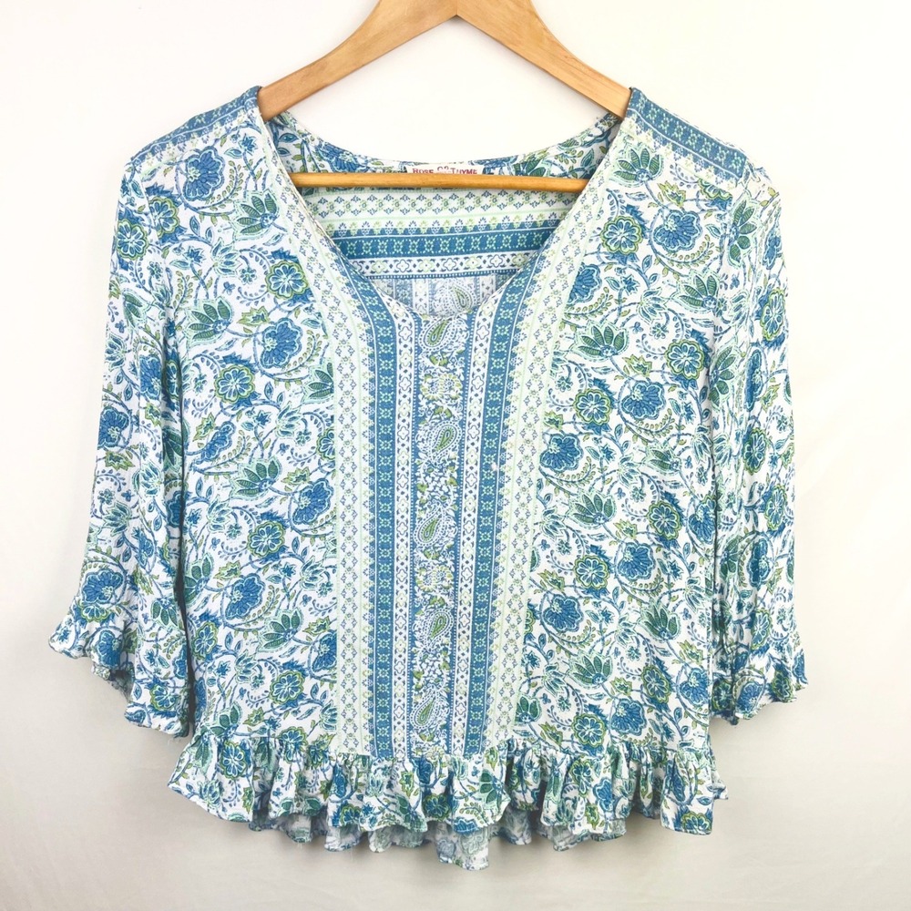 Boho Womens S Ruffle Floral Blouse Rose & Thyme Blue Paisley Peasant Top Cottege - Picture 8 of 11